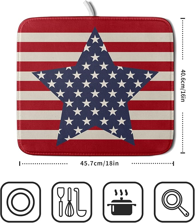 Blue Star Patriotic July of 4th Dish Drying Mat for Kitchen Counter 16x18 Independence Day Red Striped Absorbent Reversible Microfiber Drying Mats Kitchen Countertop Protector Dishes Drainer Rack Pad - Image 2