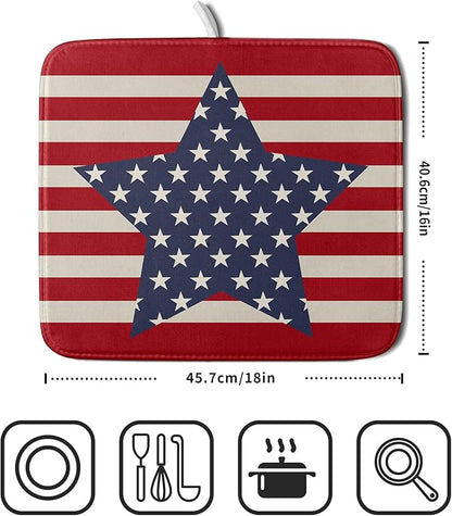 Blue Star Patriotic July of 4th Dish Drying Mat for Kitchen Counter 16x18 Independence Day Red Striped Absorbent Reversible Microfiber Drying Mats Kitchen Countertop Protector Dishes Drainer Rack Pad - Image 2