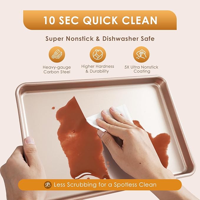 Baking Sheet Pan Set of 3, Commercial Cookie Sheets for Baking, Nonstick Half/Quarter/Jelly Roll Pans Replacement Toaster Oven Tray, Heavy Duty & Easy Clean, Rose Gold - Image 8