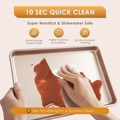 Baking Sheet Pan Set of 3, Commercial Cookie Sheets for Baking, Nonstick Half/Quarter/Jelly Roll Pans Replacement Toaster Oven Tray, Heavy Duty & Easy Clean, Rose Gold - Image 8