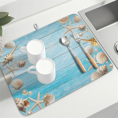 Summer Coastal Dish Drying Mat for Kitchen Counter Seashell Starfish Blue Wooden Board Microfiber Dish Drainer Mat Ocean Nautical Absorbent Washable Drying Pad Extra Large 18"x24"