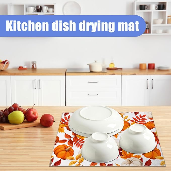 Fall Pumpkin Maple Dish Drying Mat for Kitchen Counter Thanksgiving Drying Pad Absorbent Reversible Dish Drainer Rack Mats Draining Pad 18"x24"Inch
