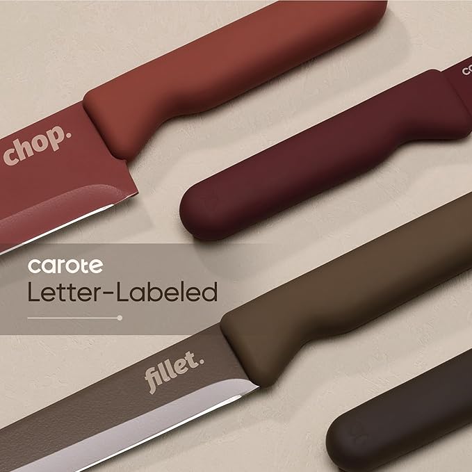 CAROTE Knife Set, 13 Pcs Kitchen Knife Set with Letter, 6 Stainless Steel Knives with Nonstick Ceramic Surface & Blade Guards, Kitchen Shears, Dishwasher Safe, Ergonomic Handles - Image 3