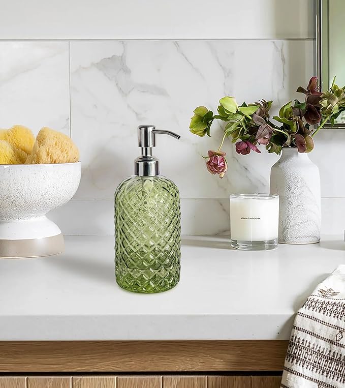 JASAI 18Oz Tea Green Soap Dispenser with Rust Proof Pump, Refillable Glass Soap Dispenser for Bathroom & Kitchen to Dispense Dish Soap, Hand soap, Lotion. - Image 6