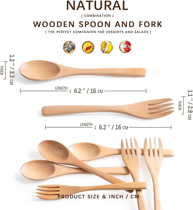 2pcs 6.3inch Schima Wooden Utensil Set Including Spoons and Forks, Reusable Handmade Natural Wooden Cutlery, Sustainable Responsible Wood Flatware Set for Stirring Eating＆Camping