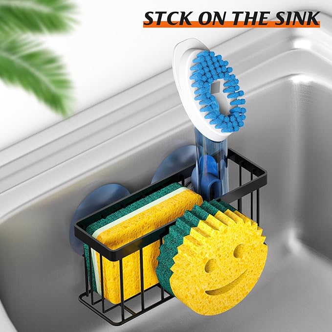 MURLONG Sponge Holder Smiley Face, Sink Caddy for kitchen Sink, Kitchen Organizer Sponge Holder with 2 PCS Suction Cups/1 PCS Adhesive Strips, Designed for Sponge, Soap, Dish brush, Scrubber-Black - Image 5
