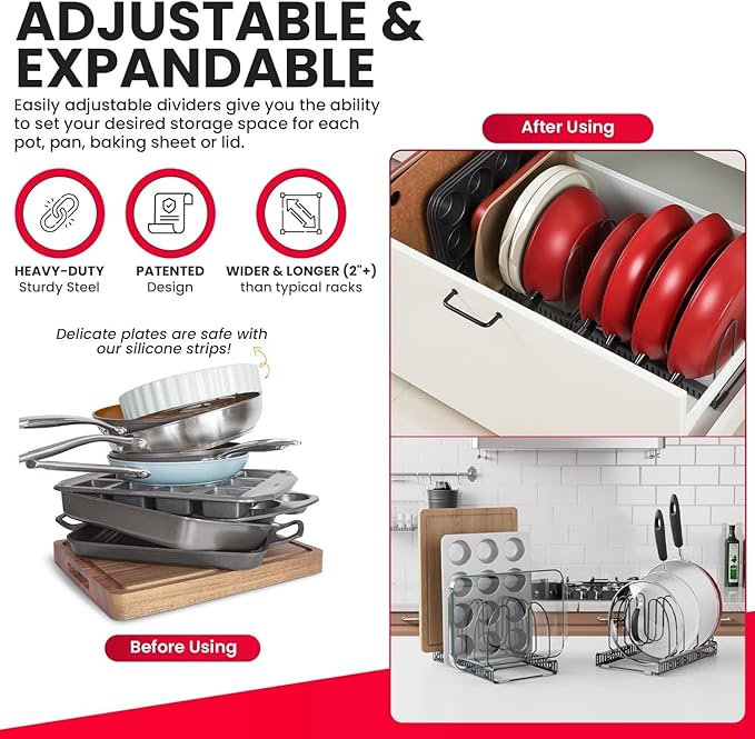 Better Things Home 7.5” Wide 12-Slot Adjustable Large Pan and Pot Lid Organizer with Scratch-Free Pads, Expandable Pot Lid Holder Rack for Cabinet, Pots and Pans Organizer Inside Cabinet - Image 3