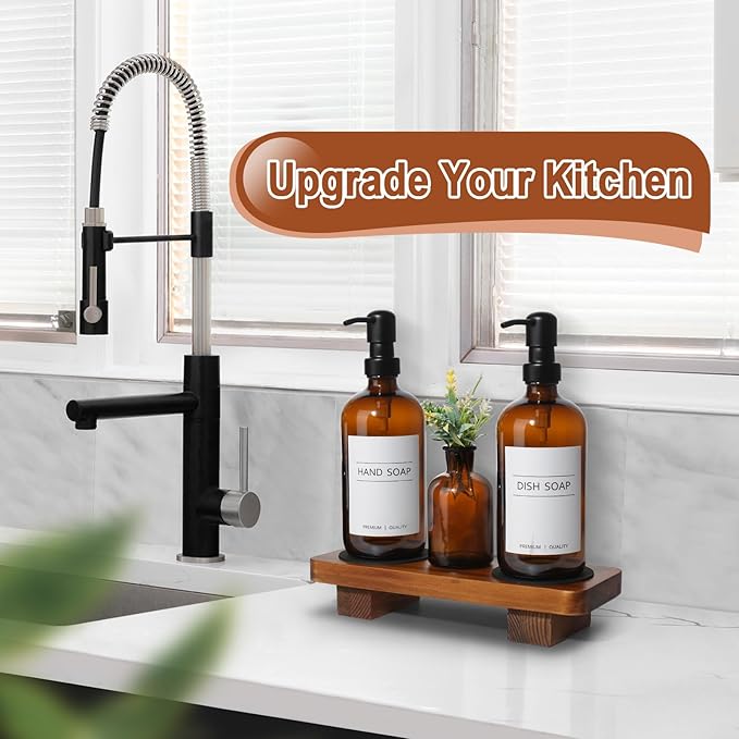 Kitchen Soap Dispenser Set with Wood Riser Tray, Amber Glass Soap Dispenser with Stainless Steel Pump, Hand and Dish Soap Dispenser Set for Kitchen, Soap and Lotion Dispenser Bathroom Decor(Amber) - Image 5