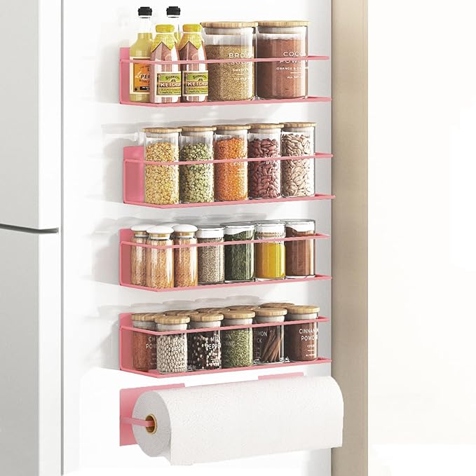 Magnetic Spice Rack For Refrigerator Magnetic Fridge Shelf For Kitchen Spice Organizer Magnetic Shelf For Fridge Space Saving Pink 4 Pack With Magnetic Paper Towel Holder by Roysili