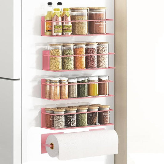 Magnetic Spice Rack For Refrigerator Magnetic Fridge Shelf For Kitchen Spice Organizer Magnetic Shelf For Fridge Space Saving Pink 4 Pack With Magnetic Paper Towel Holder by Roysili