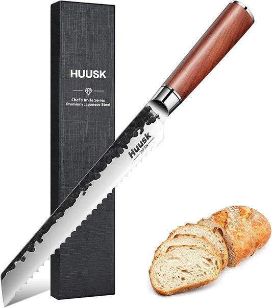 Huusk Serrated Bread Knife 8 inch, Upgraded Carbon Steel Japanese Bread Knife, Breads Slicing Knives for Cutting Homemade Breads, Bagel and Sourdough with Gift Box, Gift Idea for Men & Women