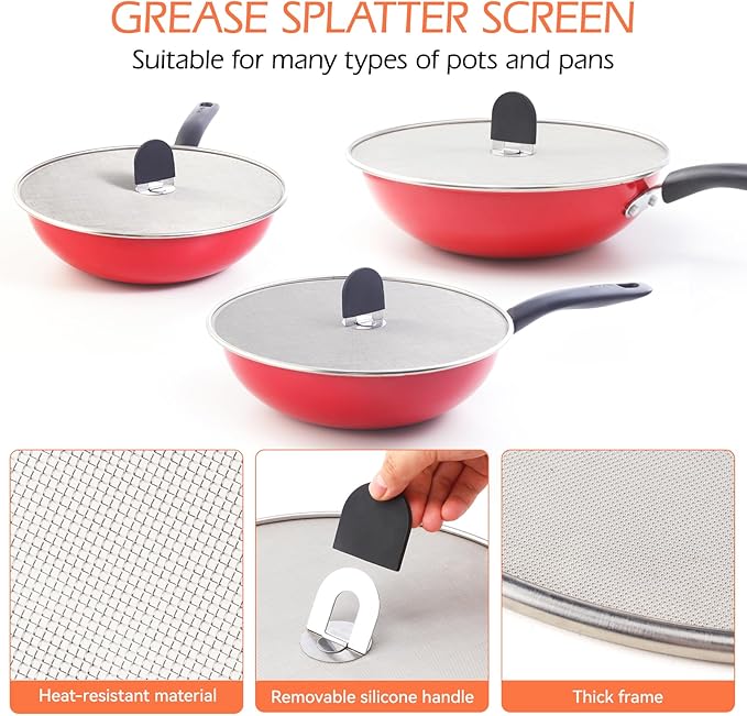 Snowyee Grease Splatter Guard, 3PCS Splatter Screen with Silicone Heat Resistant Handle and Stainless Steel Fine Mesh Design for Safe Indoor and Outdoor Cooking (13/11.5/10 inch and 33/29/25cm) - Image 6