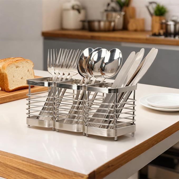 Utensil Holder, Stainless Steel Utensil Drying Rack for Kitchen Counter, Silverware Cutlery Flatware Holder Forks, Knives, Spoons, Chopsticks Organizer (Silver) - Image 5