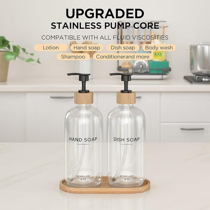 Hand and Dish Soap Dispenser Set,16oz Glass Bottles with Printed Labels, Bamboo Tray & Pump,Countertop Soap Dispensers for Kitchen,Luxury, Minimalist & Farmhouse Decor (Hand Dish (Transparent)) - Image 4
