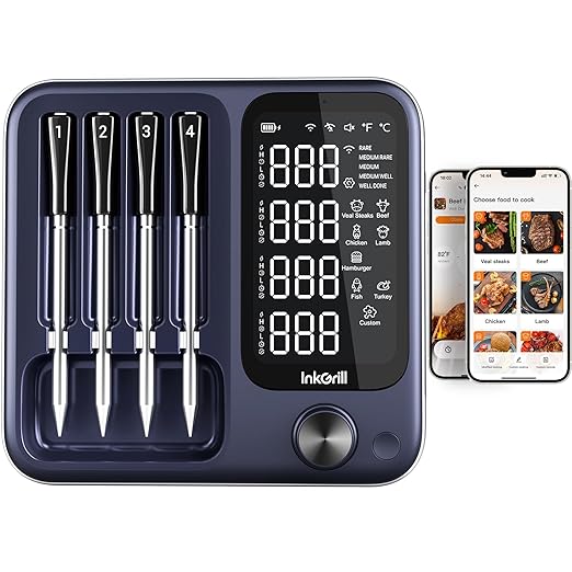 4-Probe Digital Meat Thermometer Wireless with Smart APP, Unlimited Range WiFi & Bluetooth Meat Thermometer for BBQ, Rotisserie, Oven, Grill, Smoker,and Air Fryer Cooking