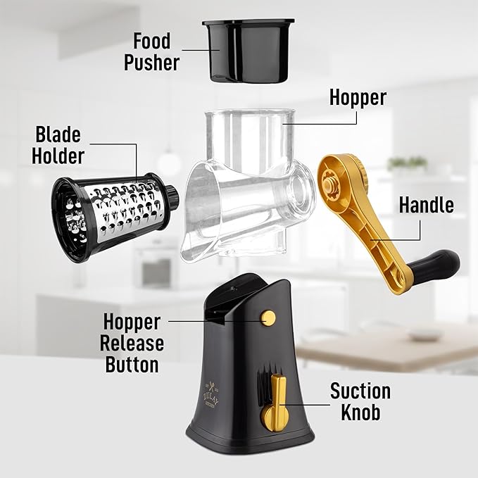 Zulay Kitchen Rotary Cheese Grater 5 Blade Cheese Shredder - Manual Hand Crank Cheese Grater With Reinforced Suction & 5 Interchangeable Drums - Easy to Use, Vegetable Chopper Round Mandoline Slicer - Image 8