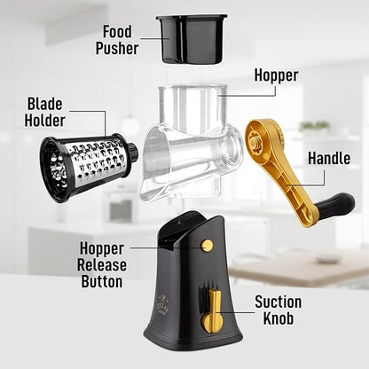 Zulay Kitchen Rotary Cheese Grater 5 Blade Cheese Shredder - Manual Hand Crank Cheese Grater With Reinforced Suction & 5 Interchangeable Drums - Easy to Use, Vegetable Chopper Round Mandoline Slicer - Image 8