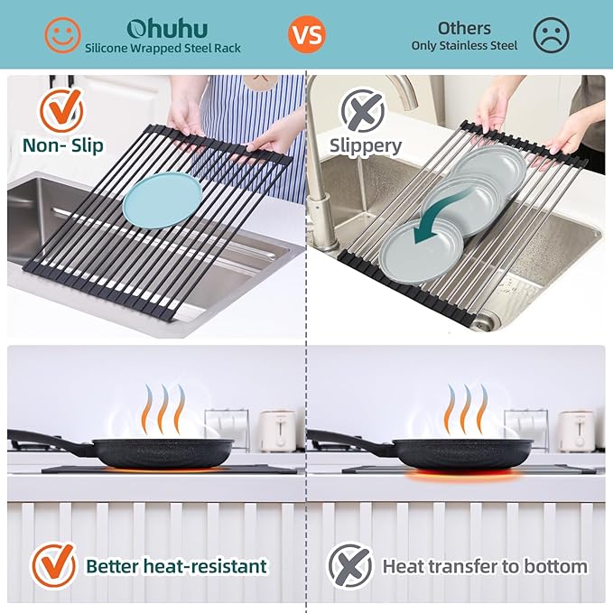 Ohuhu Roll Up Dish Racks, 16.5" L x 13" W Over The Sink Dish Drainer Drying Rack Kitchen Sink Organizer Silicone Wrapped Large in Sink Dish Drying Rack Foldable Rolling Drain Mats Anti-Slip - Image 4