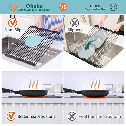 Ohuhu Roll Up Dish Racks, 16.5" L x 13" W Over The Sink Dish Drainer Drying Rack Kitchen Sink Organizer Silicone Wrapped Large in Sink Dish Drying Rack Foldable Rolling Drain Mats Anti-Slip - Image 4