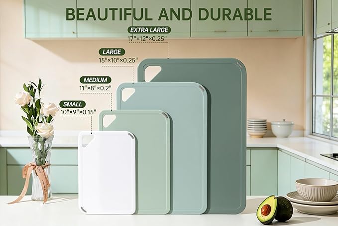 THETCHRY Plastic Cutting Board Set of 4, Extra Large Cutting Board for Kitchen with Non-Slip, Large -Small Chopping Board for Cooking, Bpa Free, with Grip Handle,Green - Image 3