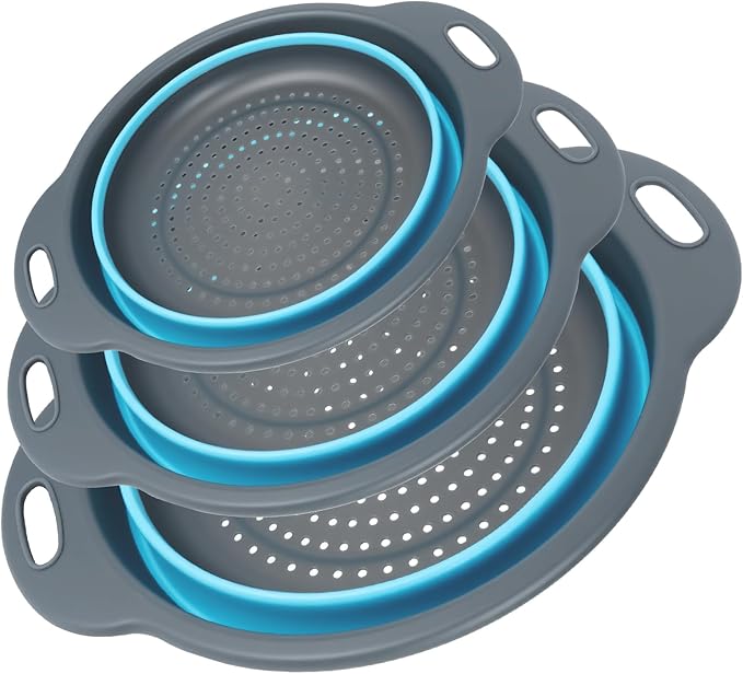 Collapsible Colander 3-Pack Set Space-Saving Foldable Kitchen Strainer with Non-Slip Base Durable Thickened PP+TPE Collapsible Strainers for Pasta, Vegetables, Fruits (Gray-Blue) by CLUREN
