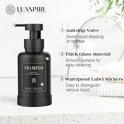 Luxspire Foaming Soap Dispenser, Glass Foam Pump Soap Dispenser, Non-Slip Hand Soap Bottle with 5 Waterproof Labels, 15 Oz Refillable Liquid Soap Bottle for Bathroom & Kitchen, Black, 2 Pack