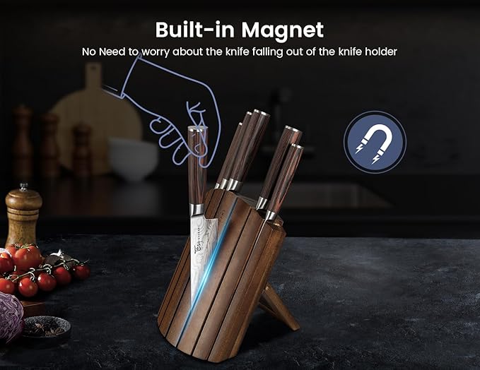 SYOKAMI 2026 Upgrade Knife Set 7 Piece Japanese Style Kitchen Knife Set With Foldable Magnetic Acacia Wood Block Sharp High Carbon Stainless Steel Chef Knives Set with Anti-slip Handle, Gift for Mom - Image 4