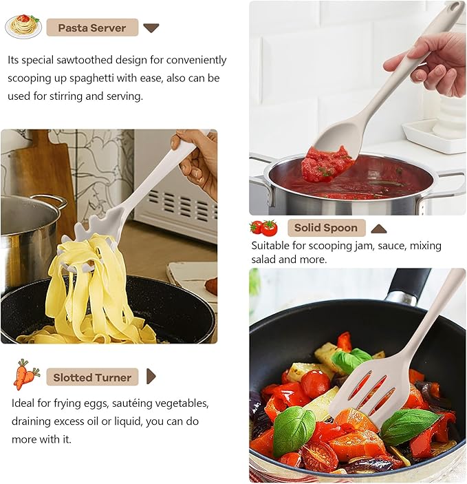 TeamFar Kitchen Cooking Utensils, 10 pcs Silicone Cooking Utensils Set, 446°F Heat Resistant Kitchen Gadgets Tools Set w/Spatula, Turners, Spoons, Soup Ladle, Pasta Server for Nonstick Cookware, Khaki - Image 5