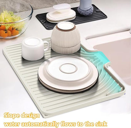 Silicone Drying Mat for Kitchen Counter , Dish Drying Rack Matt with Built in Drain, 18 Inch Dry Mats for Dishes Drying Pad for Kitchen Counter (18×12inch, cream)