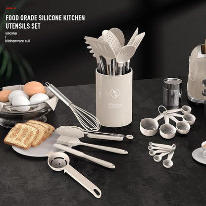 Large Silicone Cooking Utensils Set - Heat Resistant Kitchen Utensils,Turner Tongs,Spatula,Spoon,Brush,Whisk,Stainless Steel Silicone Cooking Tool for Nonstick Cookware,Dishwasher Safe (Khaki) - Image 3