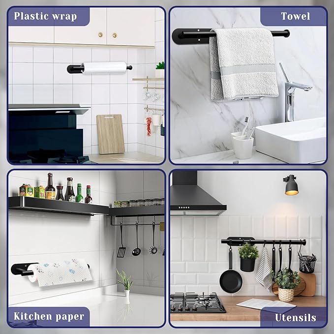 Paper Towel Holder, Self Adhesive or Drilling Paper Towel Holder Under Cabinet, Stainless Steel Black Paper Towel Holders Wall Mount for Kitchen, Bathroom, Sink, Pantry, Fridge - Image 2