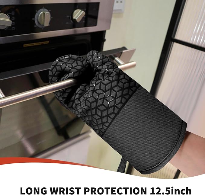 Oven Mitts and Pot Holders,500 ℉ Heat Resistant Oven Mitts Sets,Silicone Oven Gloves, Non-Slip Silicone Textured Grip,Black - Image 4