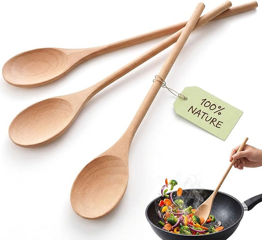 HANSGO 3PCS Wooden Spoons for Cooking, 12 Inch Long Handle Mixing Spoons for Baking, Tasting, Stirring Food, Hot Soups, Large Wooden Utensils for Nonstick Cookwares, Thoughtful Kitchen Gifts