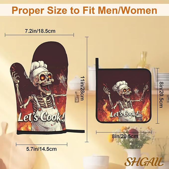 Funny Skull Oven Mitts with Matching Potholders - Heat Resistant Kitchen Accessories for Baking, Grilling, Cooking, Gifts for Women