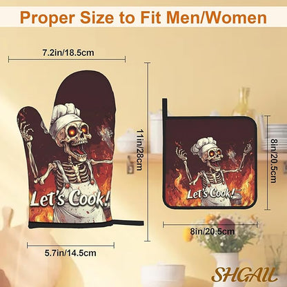 Funny Skull Oven Mitts with Matching Potholders - Heat Resistant Kitchen Accessories for Baking, Grilling, Cooking, Gifts for Women