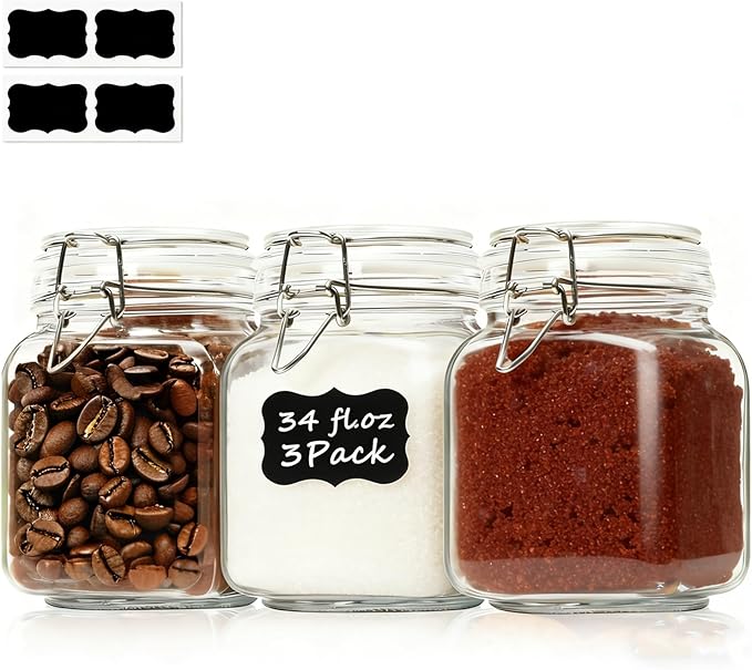 ComSaf 3-Pack Square Glass Coffee Canisters for 1lb Bean Bags, 34oz Airtight Jars with Clamp Lids for Tea, Sugar & Flour, Space-Saving Pantry Organization for Small Apartments & Coffee Station by ComSaf