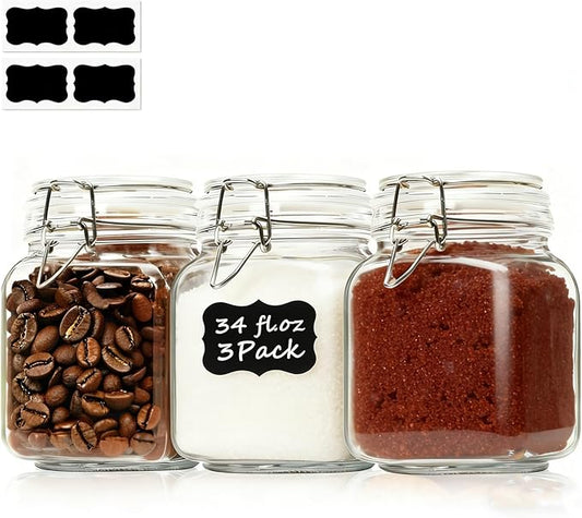 ComSaf 3-Pack Square Glass Coffee Canisters for 1lb Bean Bags, 34oz Airtight Jars with Clamp Lids for Tea, Sugar & Flour, Space-Saving Pantry Organization for Small Apartments & Coffee Station by ComSaf