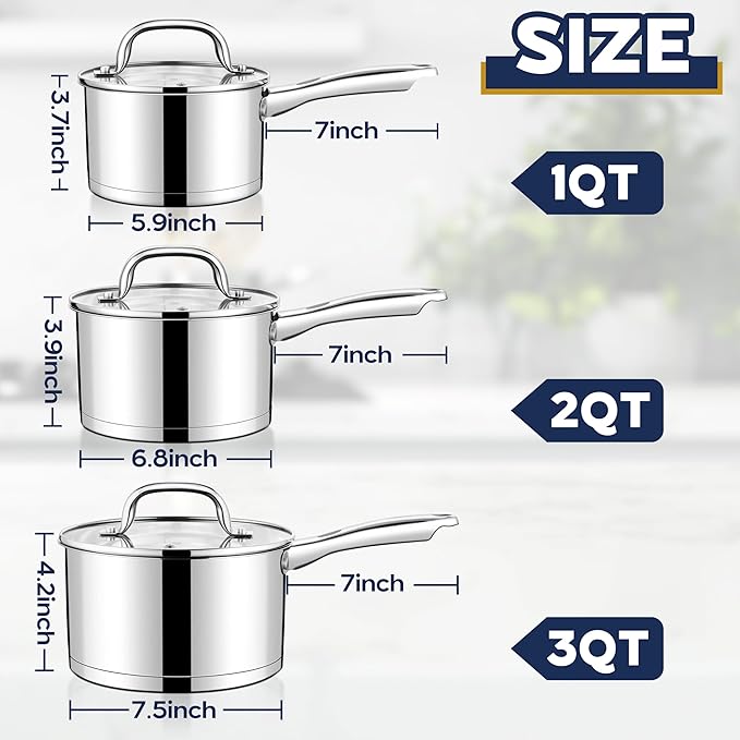 LIANYU Stainless Steel Saucepan Set With Lids, 1QT & 2QT & 3QT Sauce Pot Set of 3, Heavy Duty Induction Saucepan for Cooking Soup Milk Butter, Oven & Dishwasher Safe (3 Pots+3 Lids)