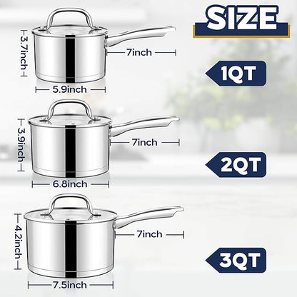 LIANYU Stainless Steel Saucepan Set With Lids, 1QT & 2QT & 3QT Sauce Pot Set of 3, Heavy Duty Induction Saucepan for Cooking Soup Milk Butter, Oven & Dishwasher Safe (3 Pots+3 Lids)
