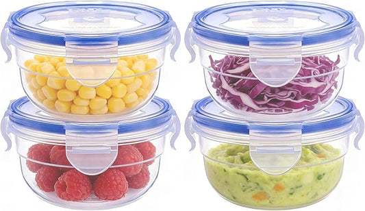 KIGI Small Plastic Bowls with Lid, Leak Proof Round Food Storage Container Set for Meal Prep, Lunch & Soup, 4 Sided Locking Lid, Airtight, BPA-Free Plastic, 10 oz / 1.25 Cup, 8 Piece set