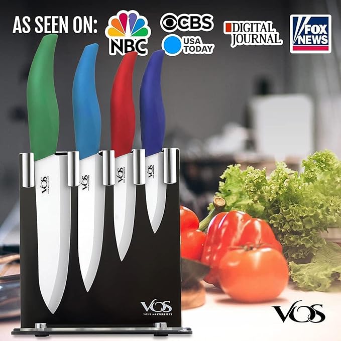 Vos Ceramic Knife Set with Block, Ceramic Knives Set For Kitchen, Ultra Sharp Kitchen Knife Set with Covers, 3" 4" 5" 6" Chef Knife, Utility, Paring & versatile, Light & Dishwasher safe (Multi-Color)