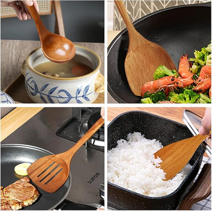 Wooden Spatula,Slotted Turner,Soup Ladle,Long Handle Utensils Set,Handmade for Kitchen Cookware (Wooden Utensil 4 Sets) - Image 7