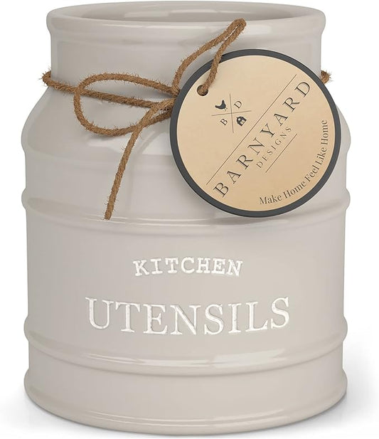 Barnyard Designs Ceramic Farmhouse Utensil Holder for Kitchen Counter, Large Rustic Utensil Crock, Countertop Cooking Tool Spatula Organizer, 6.75” (Taupe) by BarnyardDesigns