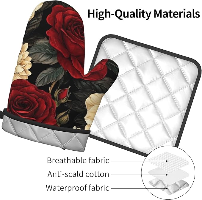Boho Oven Mitts and Pot Holders Sets Vintage Peony Flowers Kitchen Mitts Potholders 2PCS Floral Oven Gloves Hot Pads for Kitchen Baking Cooking - Image 4