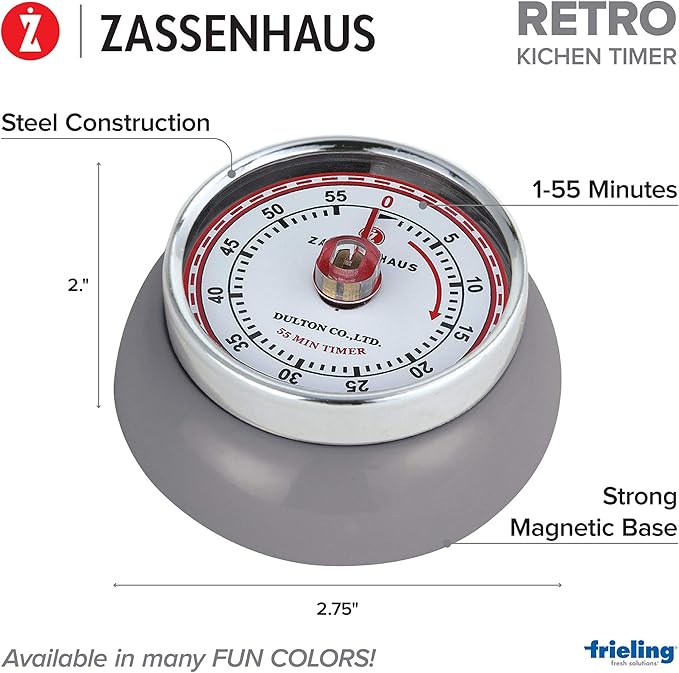 Zassenhaus Magnetic Retro 60 Minute Kitchen Timer, 2.75-Inch, Cool Gray - Image 3