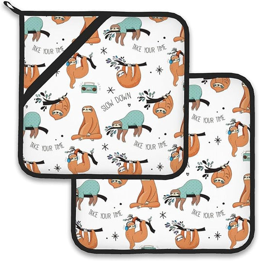 Funny Sloth Pot Holder Set of 2,Heat Resistant Potholders Oven Hot Pads for Kitchen Cooking Baking BBQ