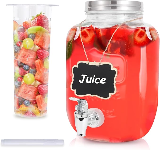 Drink Dispenser With Spigot,1 Gallon Glass Drink Dispensers For Parties,Beverage Dispenser with Fruit Infuser Sun Tea,Lemonade & Juice Dispenser for Parties, BBQ,Picnic,Weddings & Events by MRKIANGCI