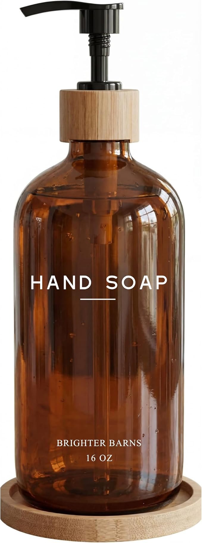 Amber Glass Hand Soap Dispenser Bathroom Set by Brighter Barns - Hand Soap Dispenser for Kitchen Sink & Bathroom - Bamboo Glass Bottle with Tray - Modern Home Decor for Spa, RV, Fitness Center (Amber) by BrighterBarns