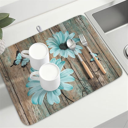 Teal Sunflowers Drying Mat 24x18 Inch, Summer Wooden Board Drying Mat with Absorbent Reversible Microfiber, Rustic Dish Drainer Mats Shabby Chic Floral Rack Pad for Coffee Countertop Kitchen Protector