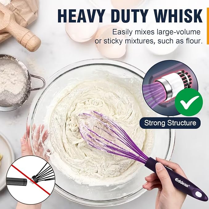 Silicone Whisk, Eddeas Whisk Non-Scratch Coated Whisks set of 3-Heat Resistant(450°F) Kitchen Wisk, Balloon Egg whisk Perfect for Blending, Whisking, Beating & Stirring, Purple - Image 5